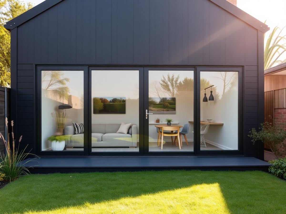 Modern black-clad garden room with full-height glazing in a sunny back garden