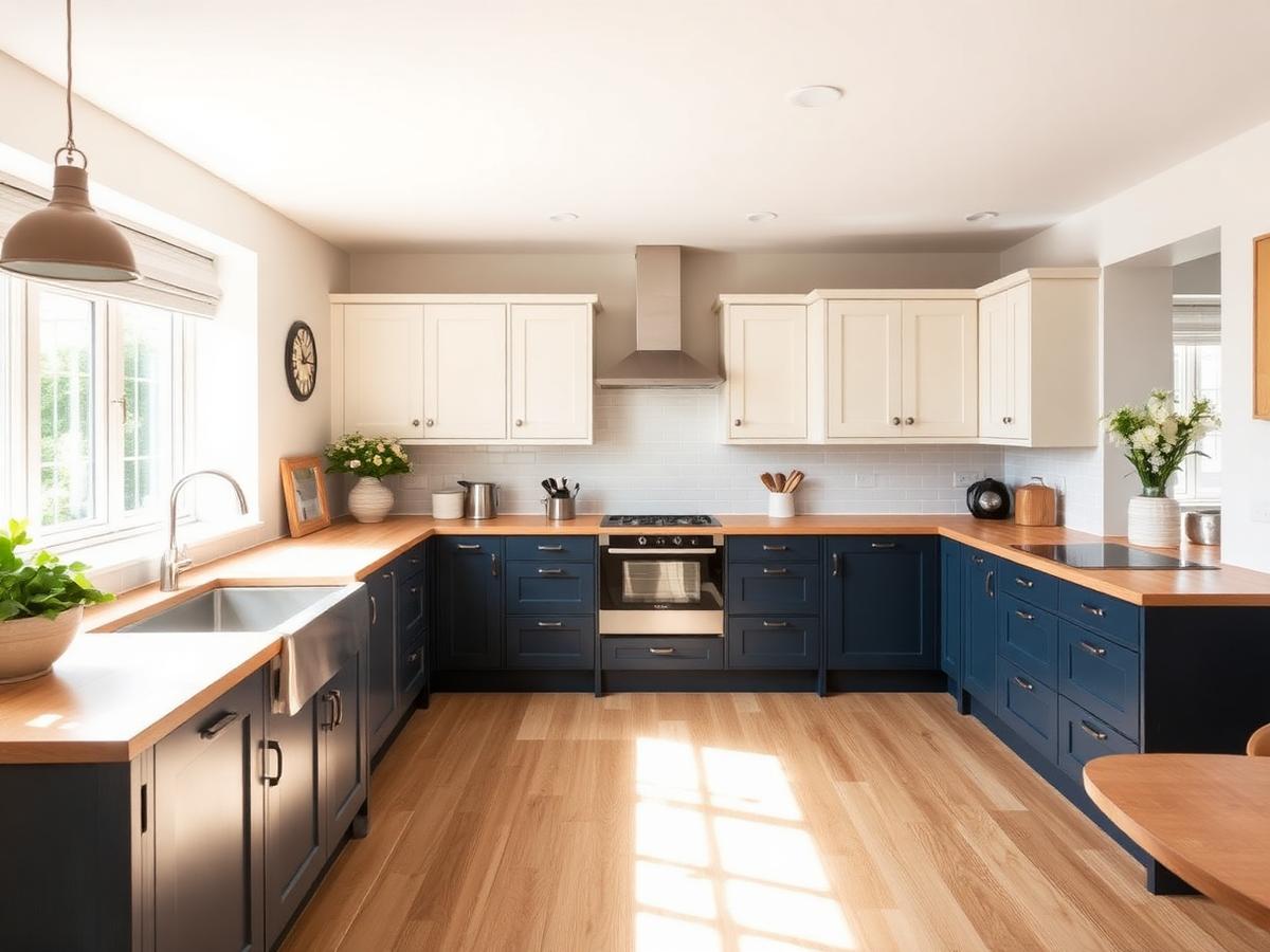 Newly fitted navy and cream kitchen with oak worktops and wood flooring