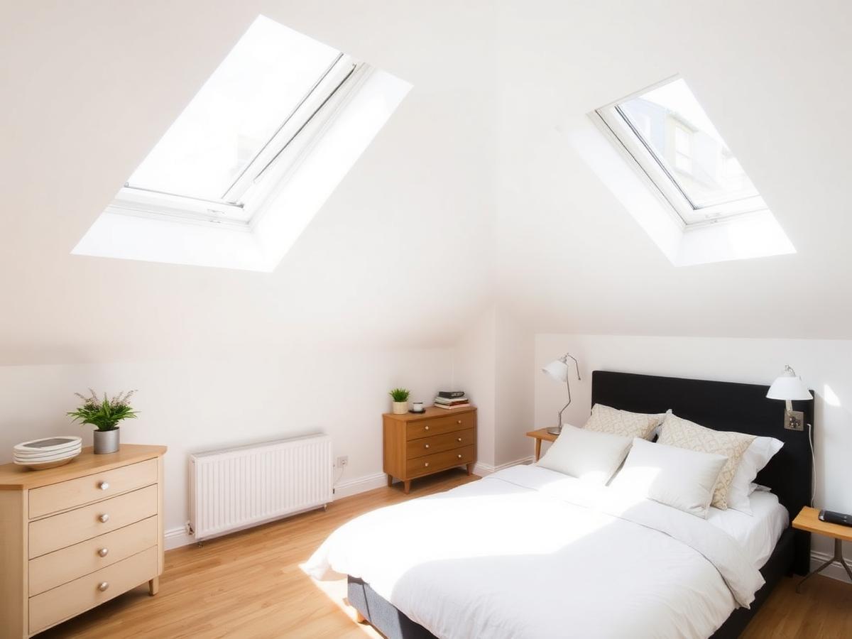Bright loft conversion bedroom with two skylights and oak flooring