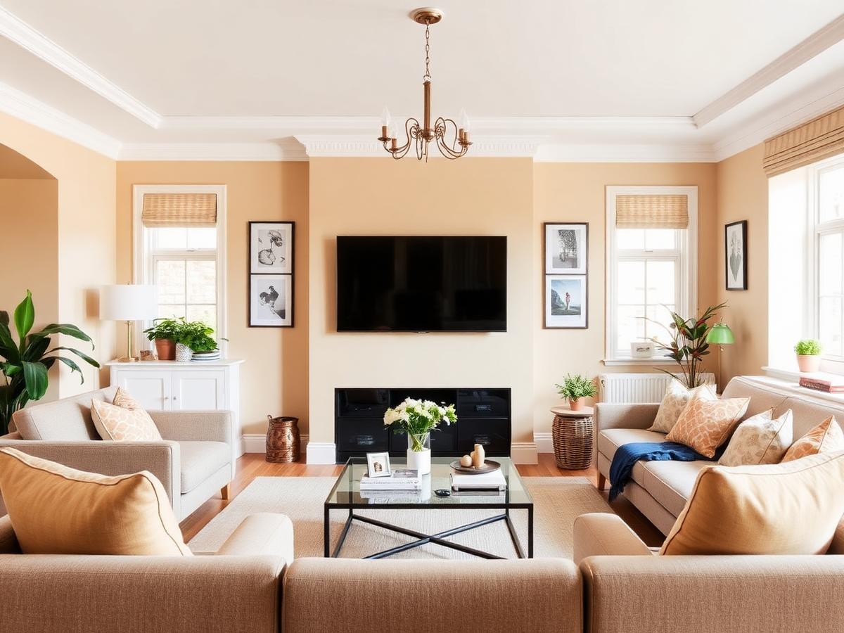 Freshly decorated living room with a fitted media wall and warm neutral walls