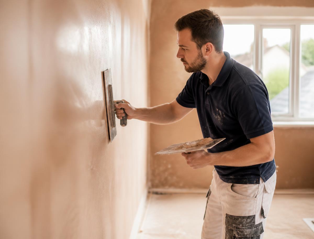 Tradesperson skimming a wall to a smooth finish in a bright empty room