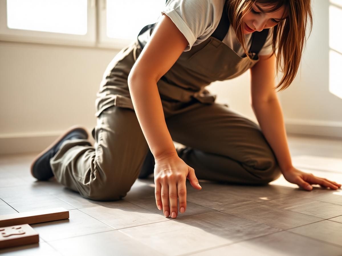Tradesperson laying large format floor tiles in a sunlit room